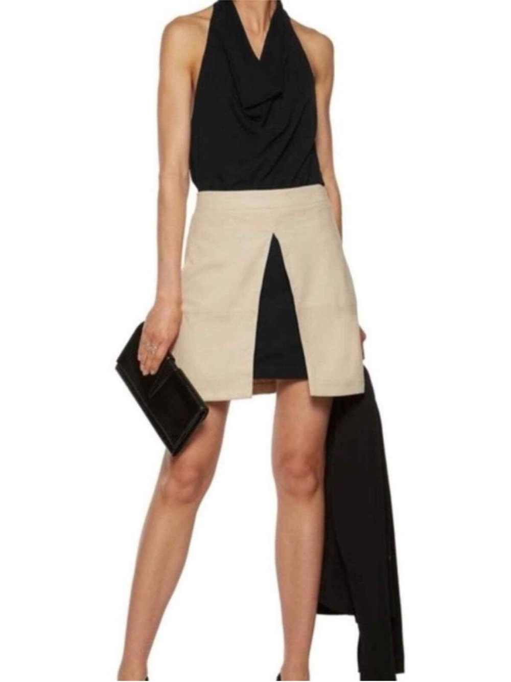 Alice + Olivia Two-Tone Beige Goat Leather Front-Slit Mini Skirt